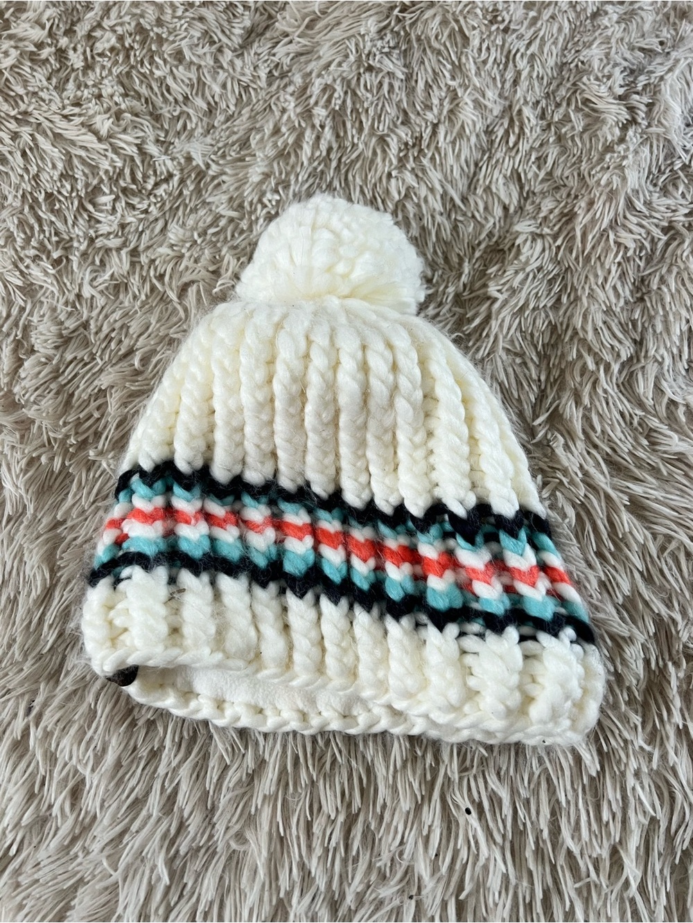 Cream Knit Pom Beanie with Multicolor Stripe